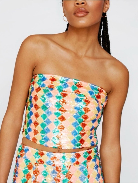 Nasty Gal Tops - Nasty Gal ZigZag Multicolor Sequin Bustier Strapless Crop Top US10